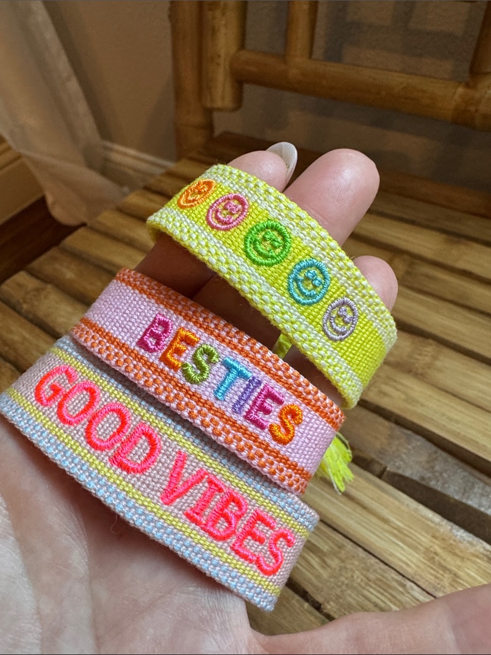 Set of 3 Kids Embroidered Crochet Woven Friendship Bracelet Pink, Yellow, Orange